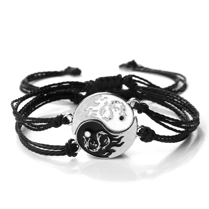 2Pcs/set Dragão Tai Chi Gossip Pulseira Trançada para Mulheres Homens Melhores Amigos Pulseiras Yin Yang Ajustáveis Moda Casal Jóias