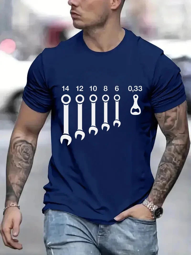 Camiseta Masculina Engraçada com Estampa de Chave Inglesa e Abridor de Garrafa – Estilo Casual e Divertido