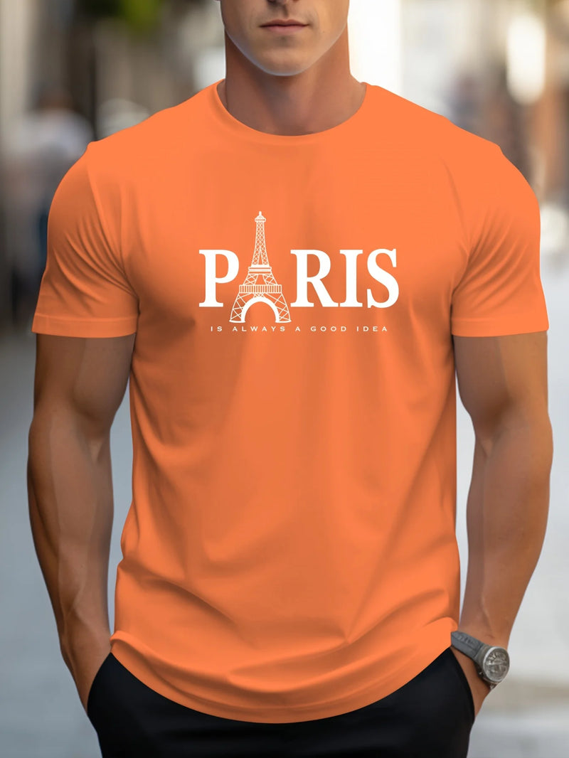 Camiseta Masculina Casual de Verão com Estampa de Paris – Estilo Streetwear Oversized