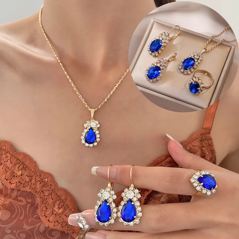 Conjunto de brincos e colar de anel de cristal azul Conjuntos de joias de casamento