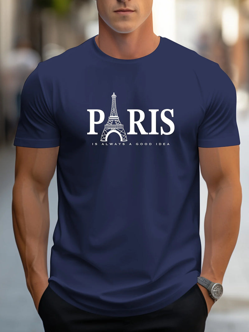 Camiseta Masculina Casual de Verão com Estampa de Paris – Estilo Streetwear Oversized