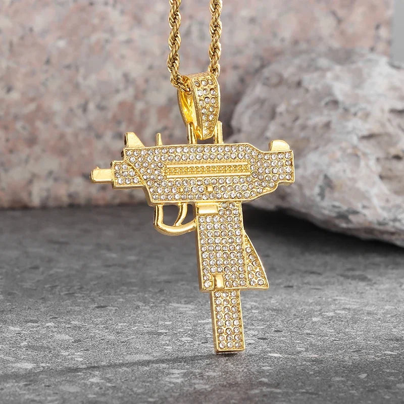 Colar com pingente de submetralhadora Ak-47, elegante e dominador, adequado para joias masculinas personalizadas de hip-hop, rock e punk