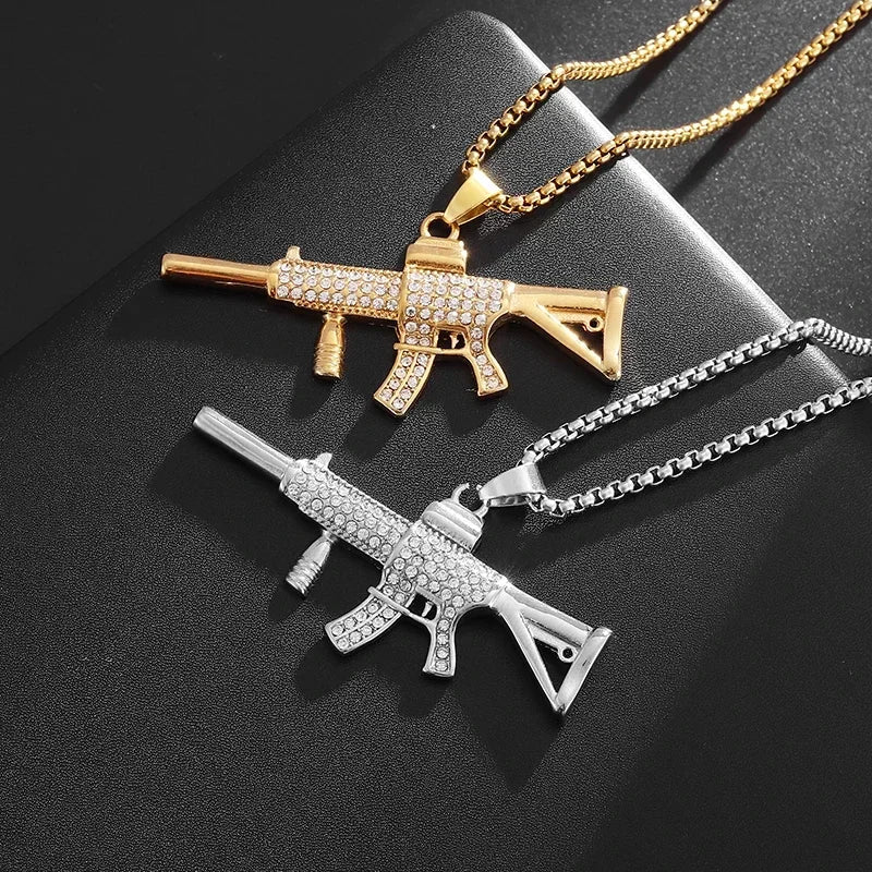 Punk M416 Assault Rifle Incrustado Zircon Pingente Colar para Homens Hip Hop Rock Tendência Legal Jóias