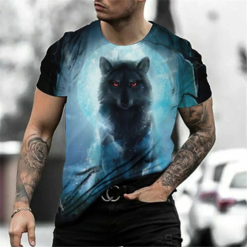 Camiseta Masculina com Estampa de Lobo 3D – Estilo Casual Oversized