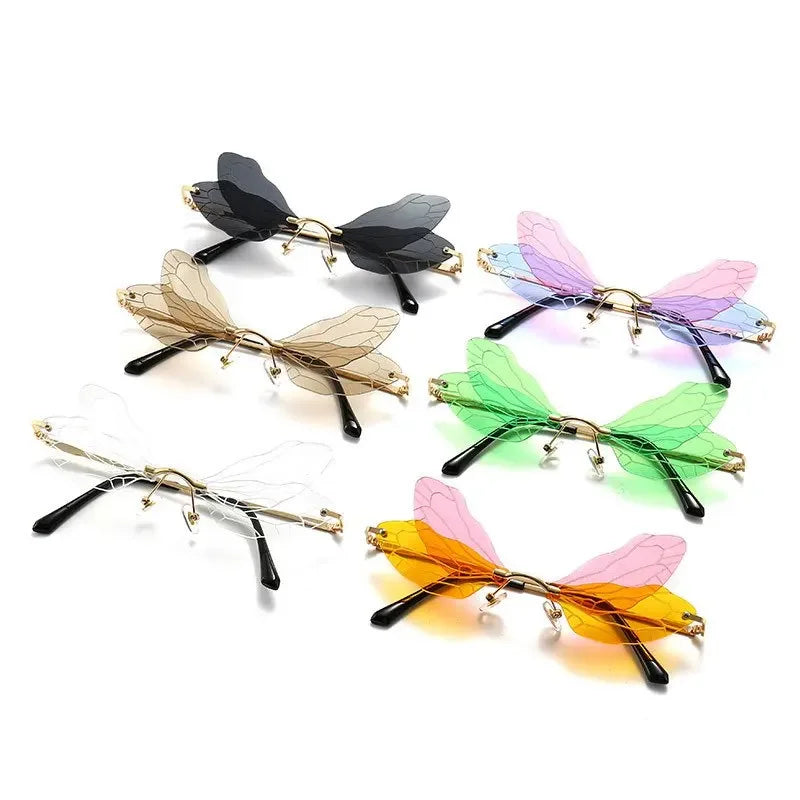 Moda Dragonfly Wings Rimless Óculos de Sol Catwalk Feminino Luxo Engraçado Óculos de Sol Tons Para Mulheres UV400