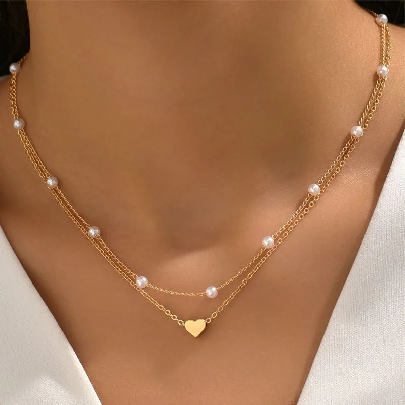 FTCY Conjunto de 3 peças de colar de pérolas femininas, ouro 14K, pingente de coração de amor, à prova d'água, hipoalergênico, clavícula, corrente de pescoço, joias