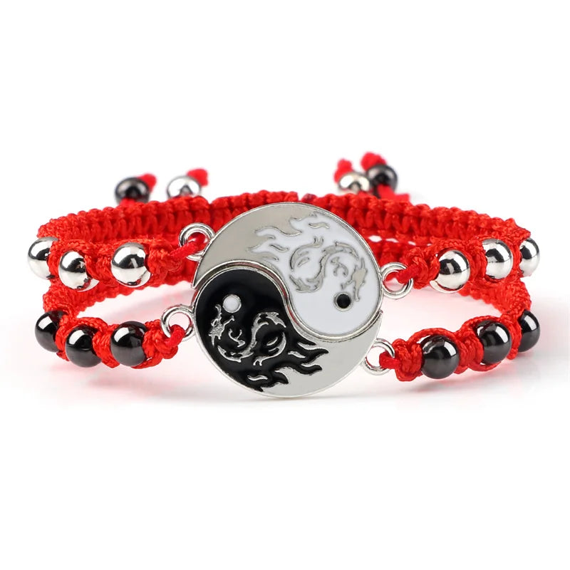 2Pcs/set Dragão Tai Chi Gossip Pulseira Trançada para Mulheres Homens Melhores Amigos Pulseiras Yin Yang Ajustáveis Moda Casal Jóias