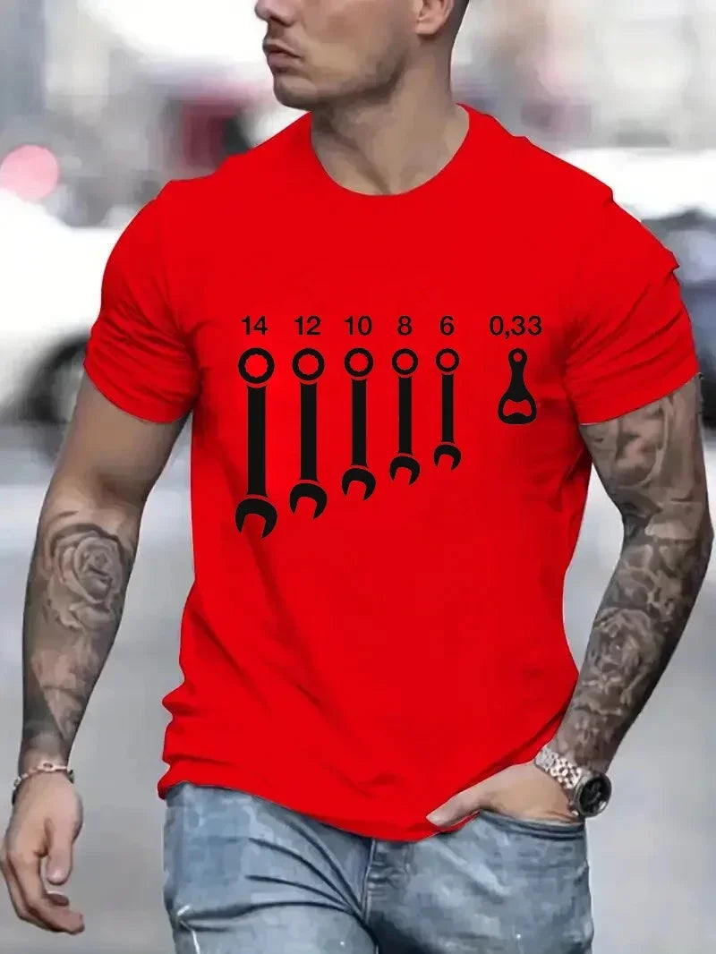 Camiseta Masculina Engraçada com Estampa de Chave Inglesa e Abridor de Garrafa – Estilo Casual e Divertido