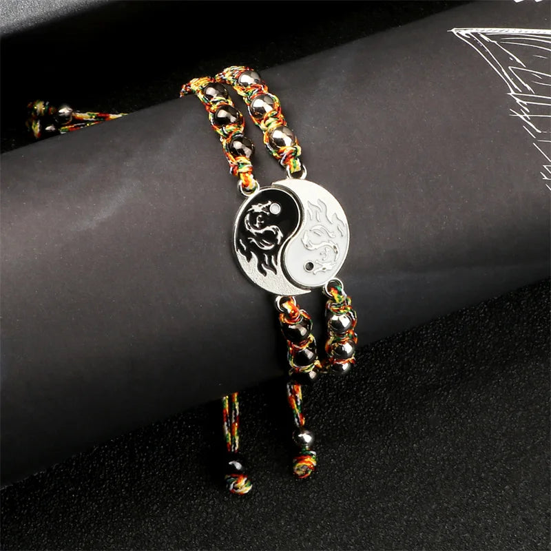 2Pcs/set Dragão Tai Chi Gossip Pulseira Trançada para Mulheres Homens Melhores Amigos Pulseiras Yin Yang Ajustáveis Moda Casal Jóias