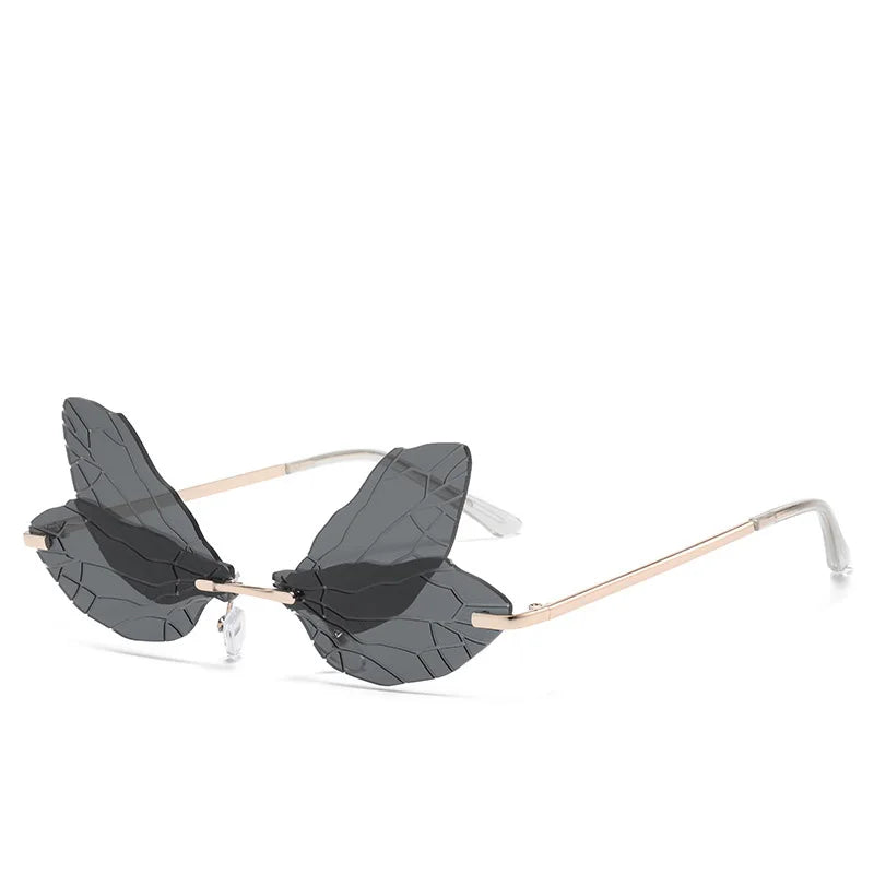 Moda Dragonfly Wings Rimless Óculos de Sol Catwalk Feminino Luxo Engraçado Óculos de Sol Tons Para Mulheres UV400