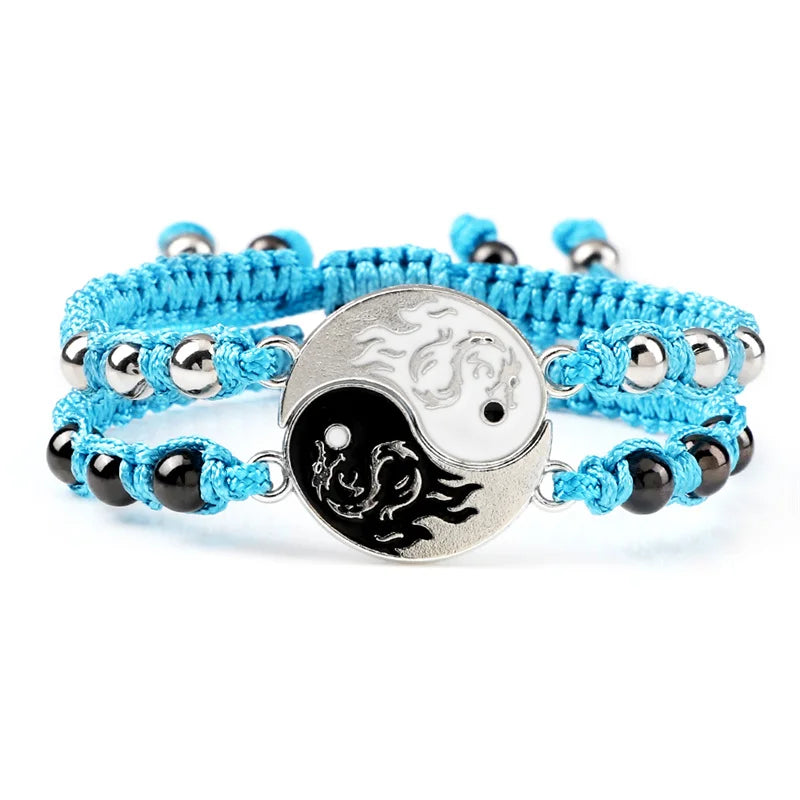 2Pcs/set Dragão Tai Chi Gossip Pulseira Trançada para Mulheres Homens Melhores Amigos Pulseiras Yin Yang Ajustáveis Moda Casal Jóias