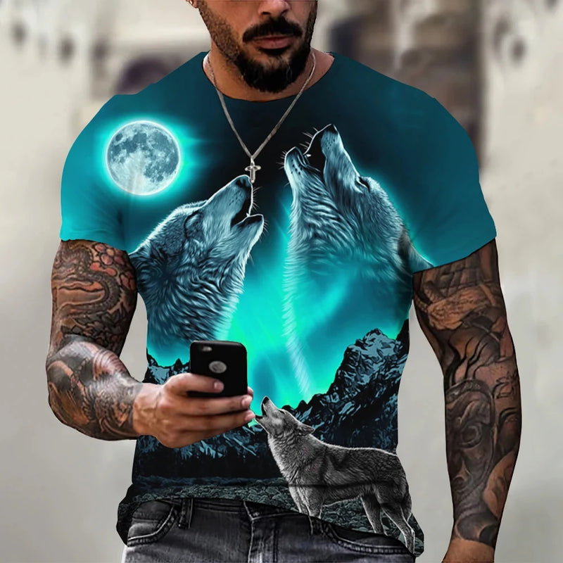 Camiseta Masculina com Estampa de Lobo 3D – Estilo Casual Oversized