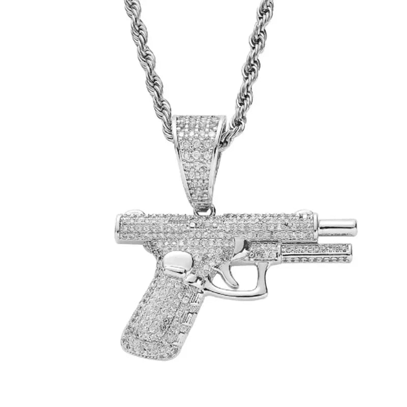 Punk M416 Assault Rifle Incrustado Zircon Pingente Colar para Homens Hip Hop Rock Tendência Legal Jóias