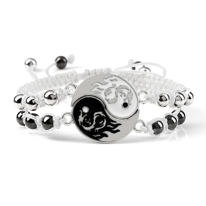 2Pcs/set Dragão Tai Chi Gossip Pulseira Trançada para Mulheres Homens Melhores Amigos Pulseiras Yin Yang Ajustáveis Moda Casal Jóias