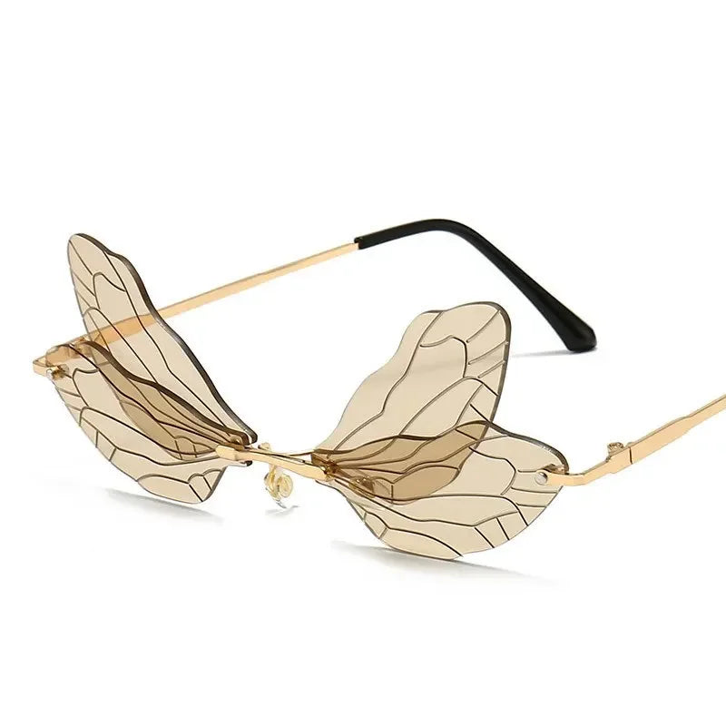 Moda Dragonfly Wings Rimless Óculos de Sol Catwalk Feminino Luxo Engraçado Óculos de Sol Tons Para Mulheres UV400