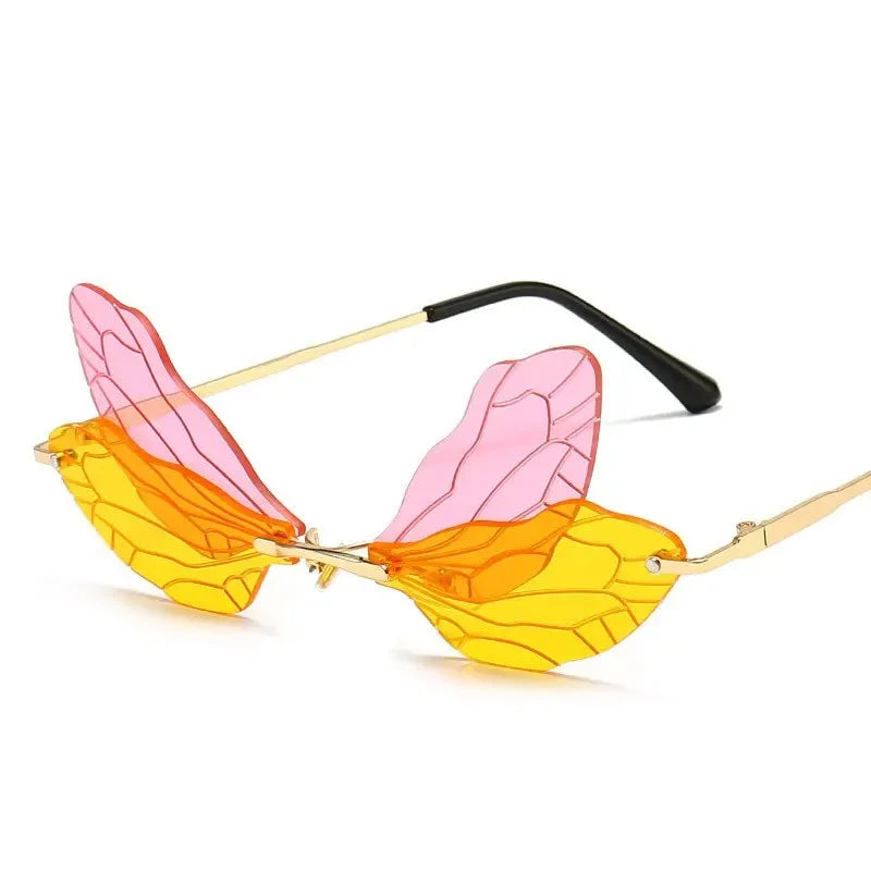 Moda Dragonfly Wings Rimless Óculos de Sol Catwalk Feminino Luxo Engraçado Óculos de Sol Tons Para Mulheres UV400