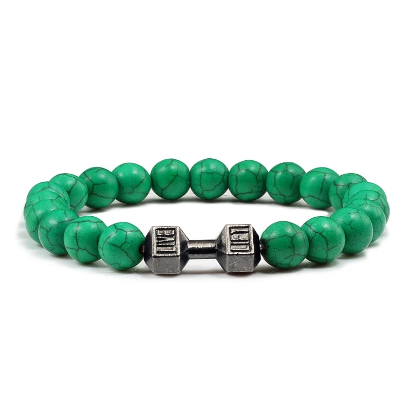 Pulseira de pedra vulcânica natural masculina, preto fosco, lavanda, contas brancas, pingente, haltere, cordão, pulseiras femininas, barra, fitness, joias