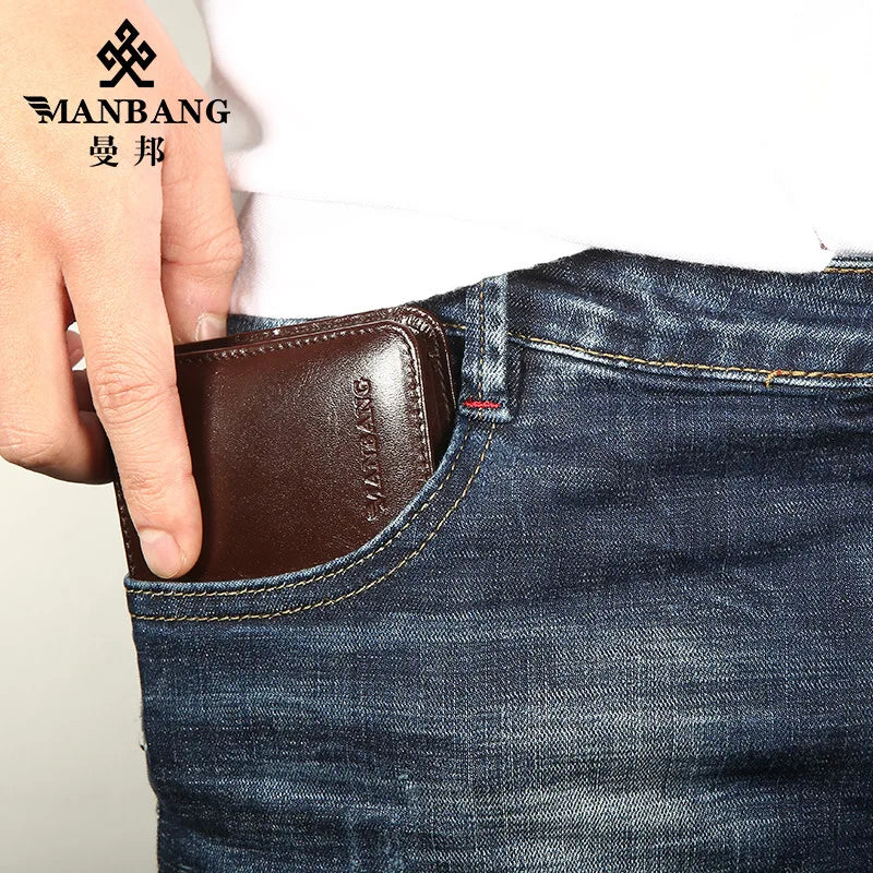 【Couro de vaca genuíno】ManBang Brand Hot Sale Carteira masculina de luxo original curta tripla camada bolsa de couro de vaca negócios