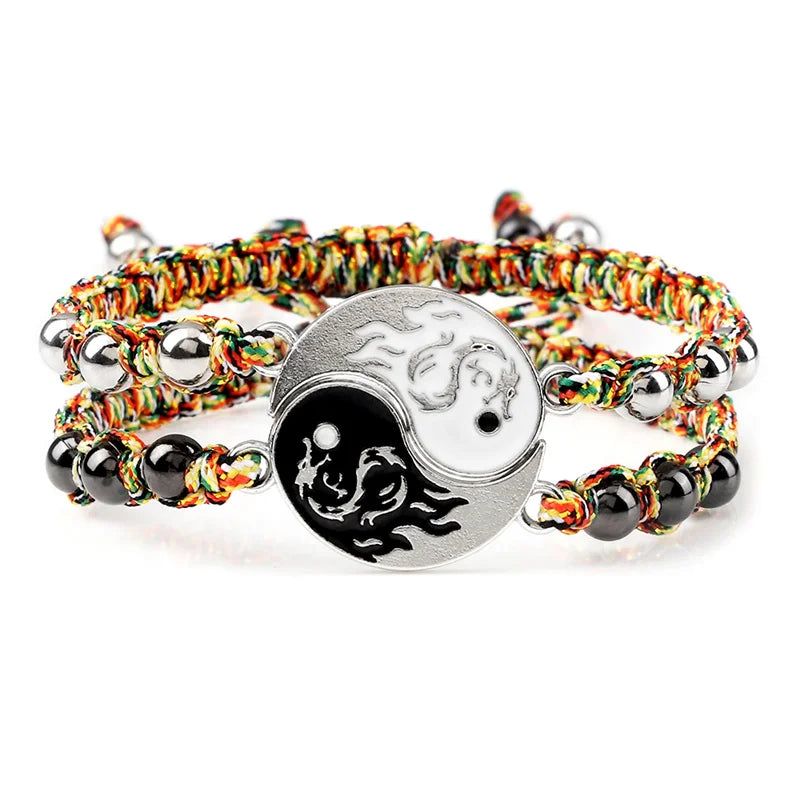 2Pcs/set Dragão Tai Chi Gossip Pulseira Trançada para Mulheres Homens Melhores Amigos Pulseiras Yin Yang Ajustáveis Moda Casal Jóias