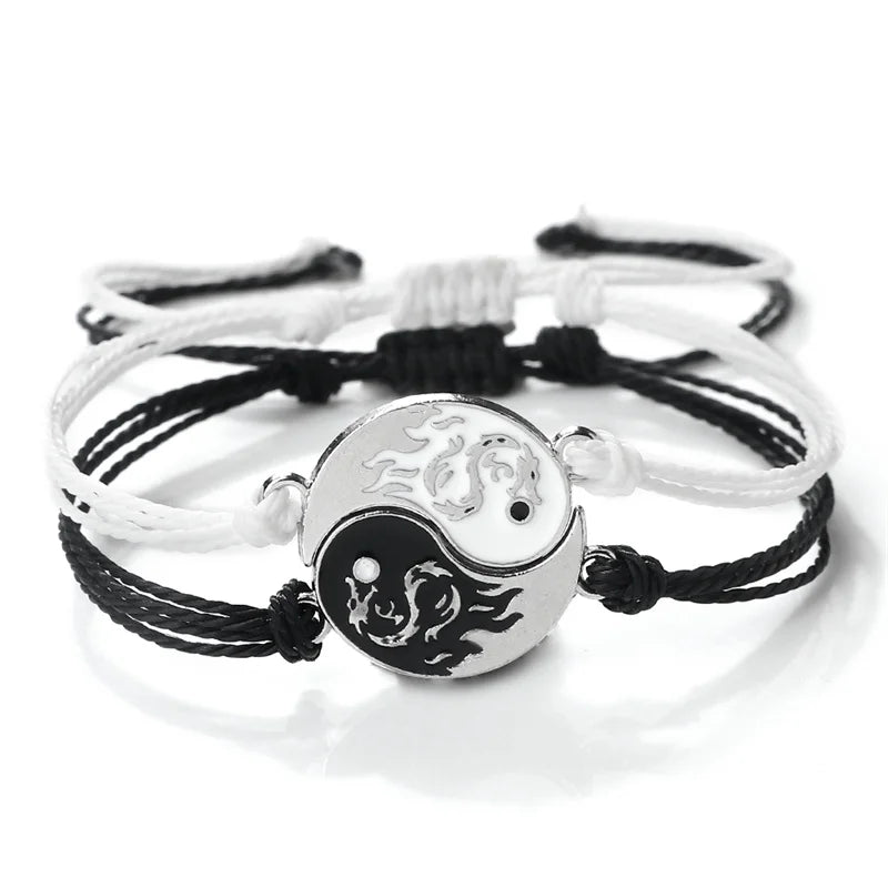 2Pcs/set Dragão Tai Chi Gossip Pulseira Trançada para Mulheres Homens Melhores Amigos Pulseiras Yin Yang Ajustáveis Moda Casal Jóias