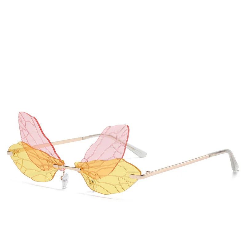 Moda Dragonfly Wings Rimless Óculos de Sol Catwalk Feminino Luxo Engraçado Óculos de Sol Tons Para Mulheres UV400