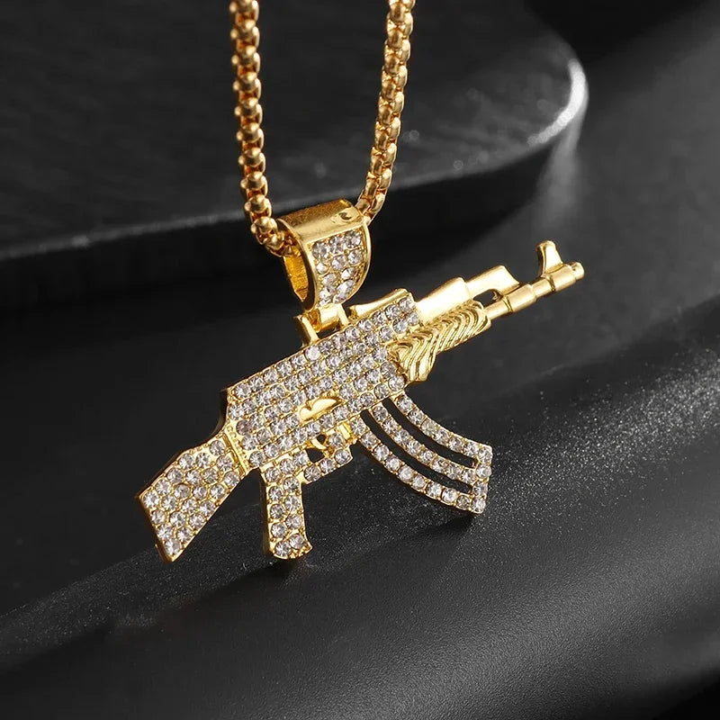 Punk M416 Assault Rifle Incrustado Zircon Pingente Colar para Homens Hip Hop Rock Tendência Legal Jóias