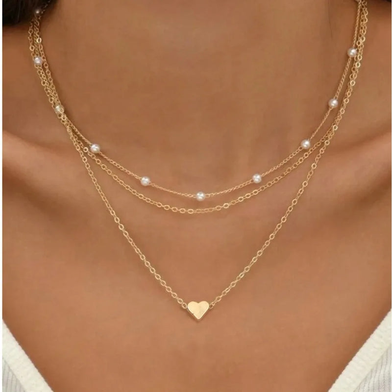 FTCY Conjunto de 3 peças de colar de pérolas femininas, ouro 14K, pingente de coração de amor, à prova d'água, hipoalergênico, clavícula, corrente de pescoço, joias