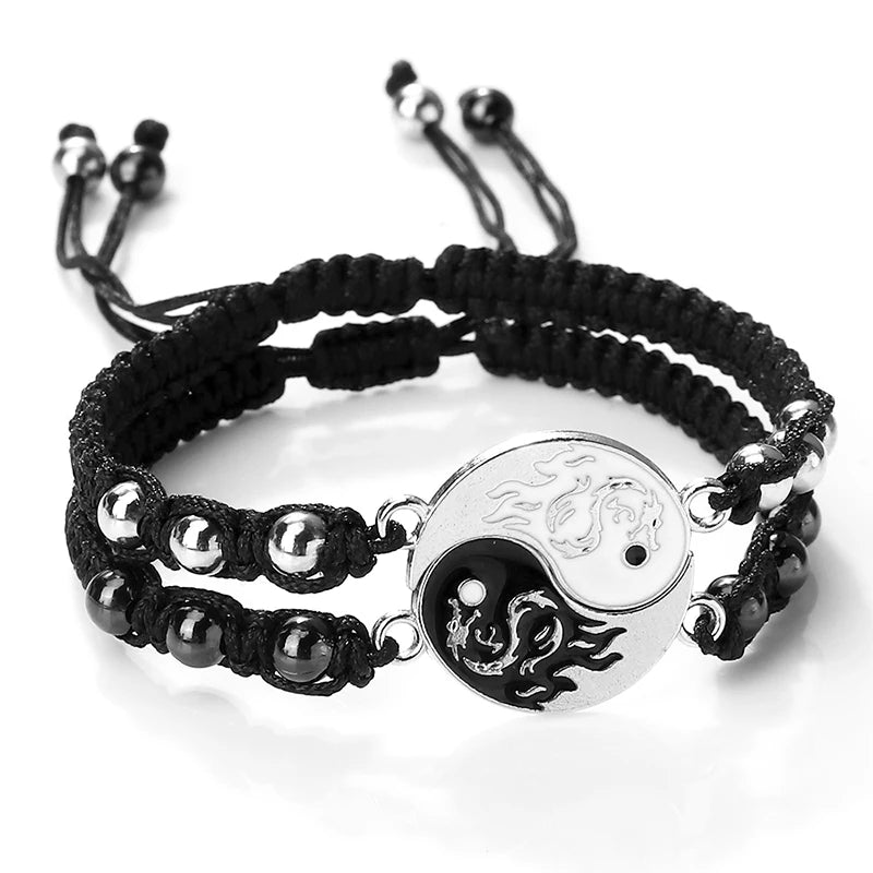 2Pcs/set Dragão Tai Chi Gossip Pulseira Trançada para Mulheres Homens Melhores Amigos Pulseiras Yin Yang Ajustáveis Moda Casal Jóias