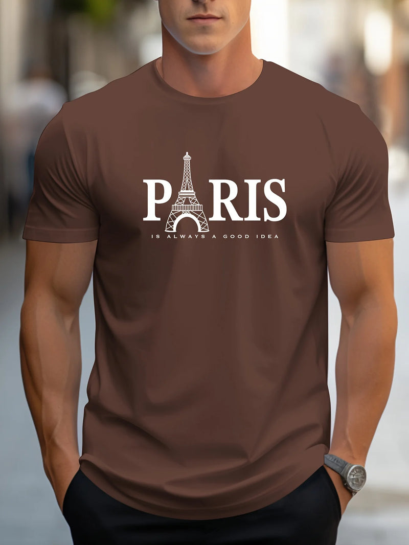 Camiseta Masculina Casual de Verão com Estampa de Paris – Estilo Streetwear Oversized