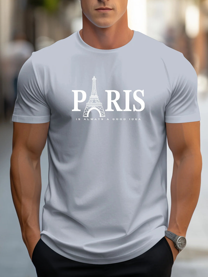 Camiseta Masculina Casual de Verão com Estampa de Paris – Estilo Streetwear Oversized