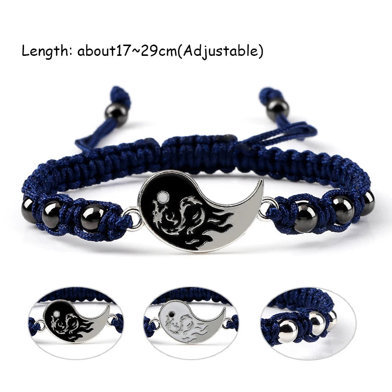 2Pcs/set Dragão Tai Chi Gossip Pulseira Trançada para Mulheres Homens Melhores Amigos Pulseiras Yin Yang Ajustáveis Moda Casal Jóias