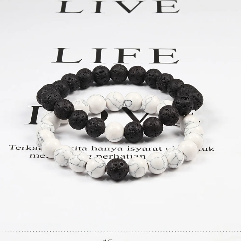 Conjunto Pulseira Casais Distância Preto Branco Pedra de Lava Natural Olho de Tigre Pulseiras de Yoga com Contas para Homens Mulheres Corda Elástica Jóias