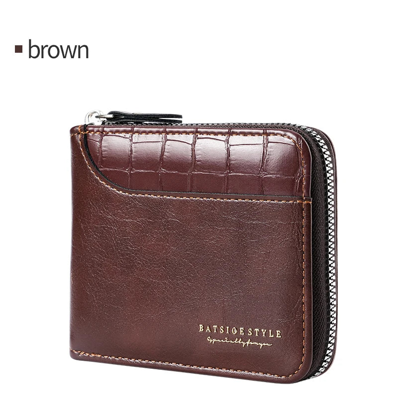 Carteira de couro masculina de luxo, bolsa masculina com zíper, porta-cartões com bolso para moedas, carteiras RFID, presentes para homens, bolsa de dinheiro