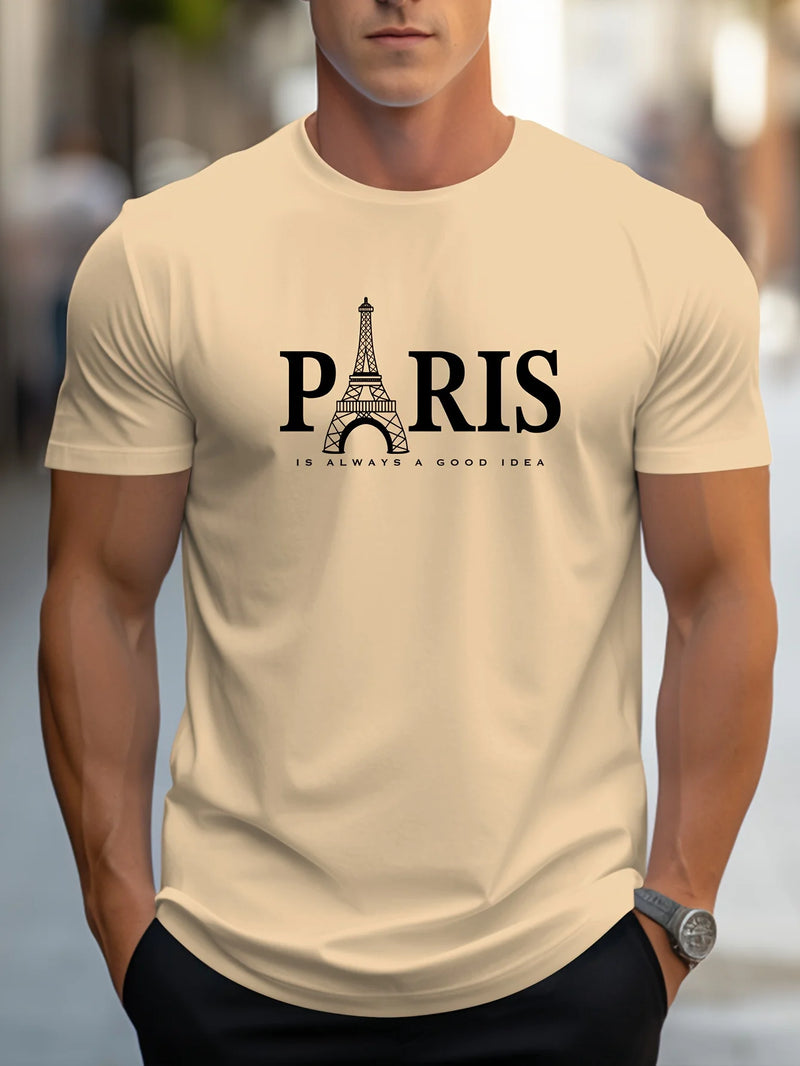 Camiseta Masculina Casual de Verão com Estampa de Paris – Estilo Streetwear Oversized