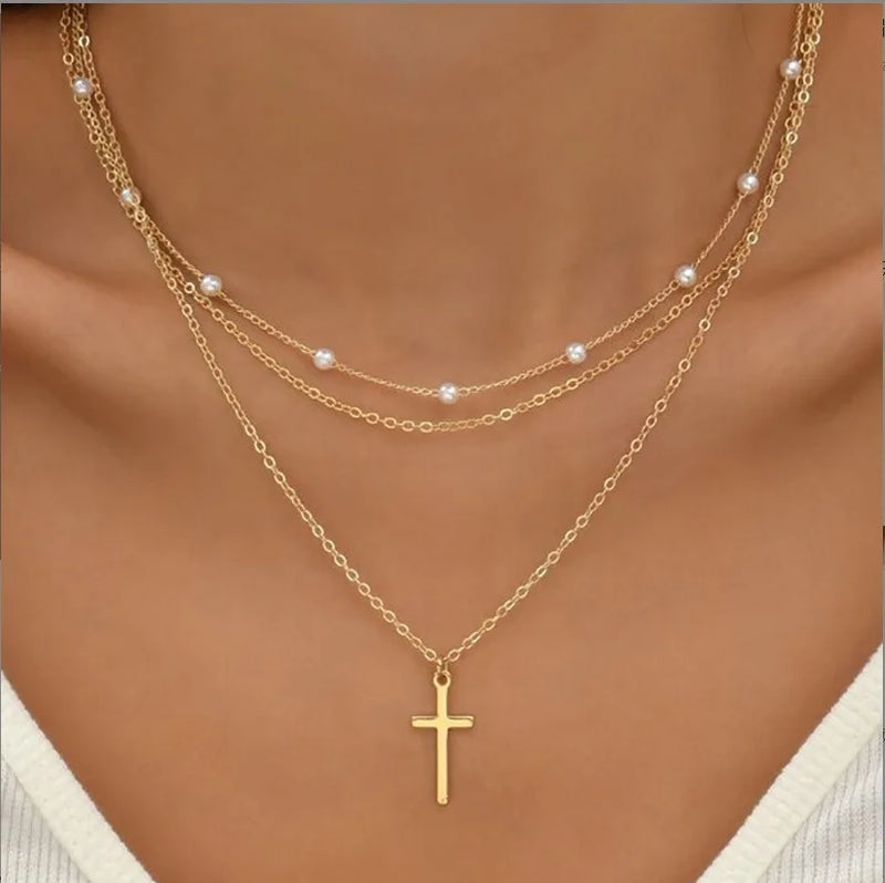 FTCY Conjunto de 3 peças de colar de pérolas femininas, ouro 14K, pingente de coração de amor, à prova d'água, hipoalergênico, clavícula, corrente de pescoço, joias